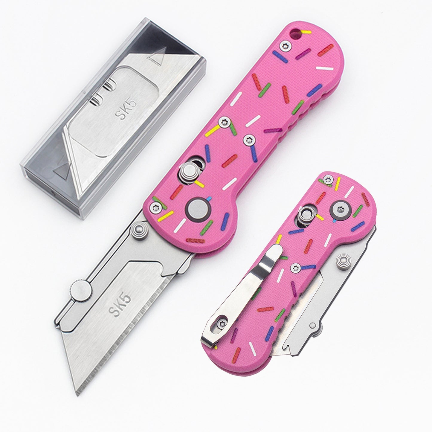 Pink Folding Utility Knife, Razor Blade Pocket Knife, Quick Change Box Cutter with Rail Lock, Perfect Craftsman Utility Knife