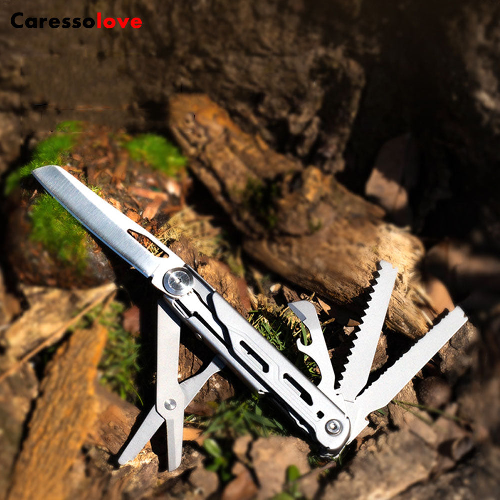 Caressolove 9-in-1 Multitool Pocket Knife With Clip, EDC Multi Tool Folding Knife for Camping Hiking Fishing, Multifunctional Outdoor Knife Saw Scissors Bottle Opener Glass Breaker, Survival Gear for Men