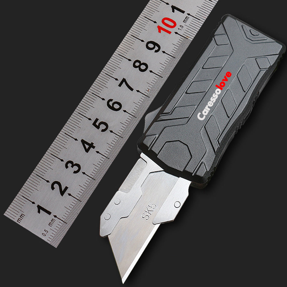 Caressolove Aluminum Alloy Automatically Retracts Box Cutter, Replaceable Blade EDC Pocket Utility Knife, Retractable Blade Tool Knife With Clip, Black With 5pcs Extra Blades