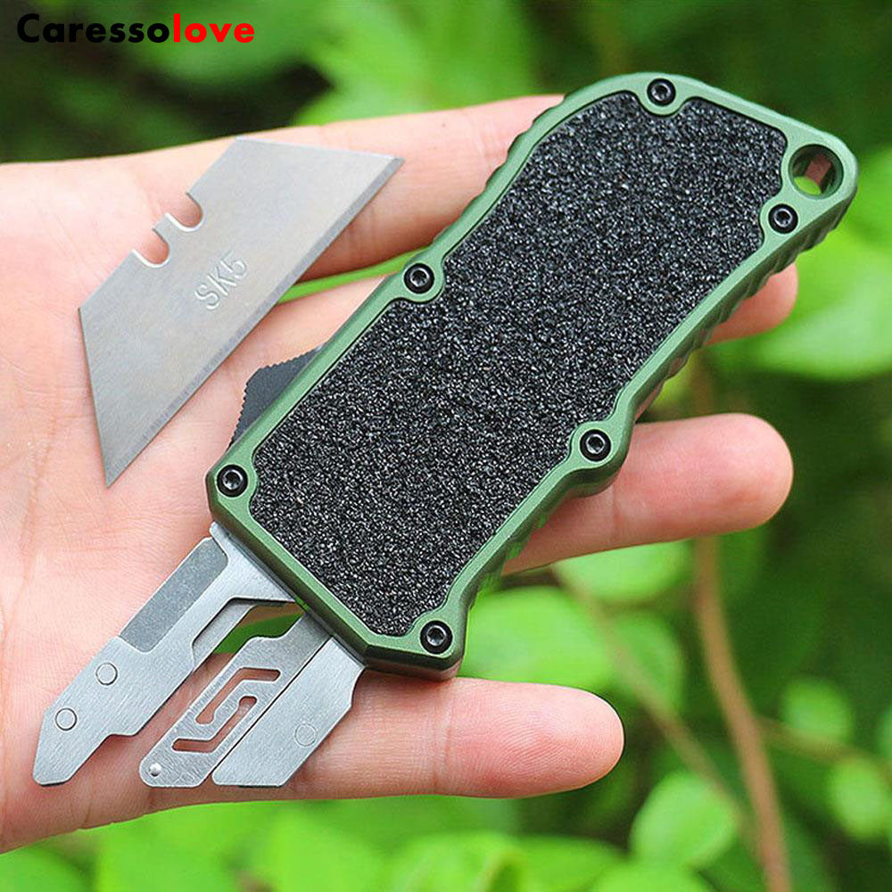 Caressolove Aluminum Alloy Box Cutters Retractable Heavy Duty Multifunctional OTF Automatic Work Knife Dismantling Express Delivery Unpacking Multi-purpose Replaceable Blades Utility Knife