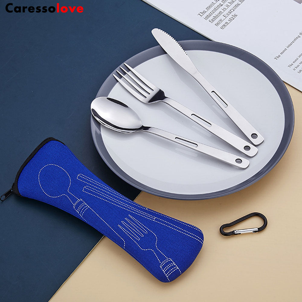 Caressolove Stainless Steel Travel Camping Cutlery Set,With Carabiner Flatware Silverware Set Including Knife Fork Spoon