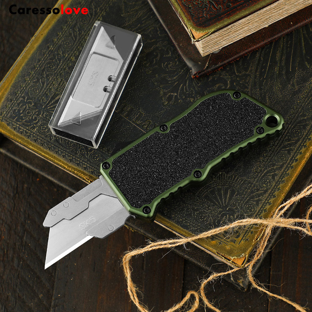 Caressolove Aluminum Alloy Box Cutters Retractable Heavy Duty Multifunctional OTF Automatic Work Knife Dismantling Express Delivery Unpacking Multi-purpose Replaceable Blades Utility Knife