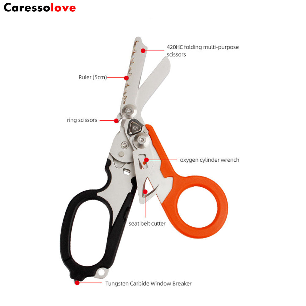 6-in-1 Foldable Emergency Scissors All Purpose Heavy Duty, Stainless Steel Collapsible Multifunction Scissors, With Strap Cutter and Glass Breaker, Outdoor Multitools Fishing Camping Shears Tools