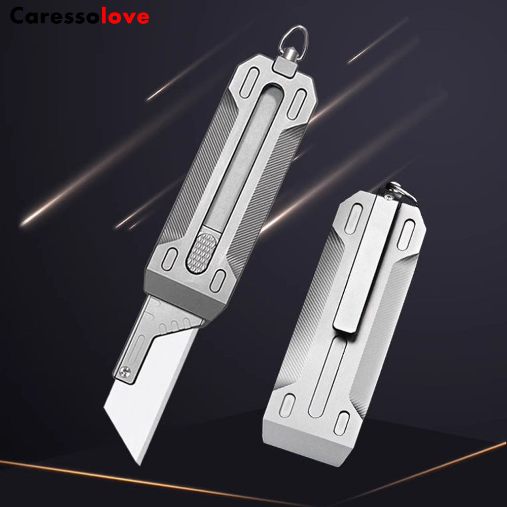Caressolove Compact Retractable Paper Cutter, Titanium Handle Box Cutter, Sharp EDC Pocket Knife Carpet Scraper, Keychain Utility Knife With Glass Breaker, Heavy Duty Cardboard Cutter Work Knife With 10pcs Extra Blades