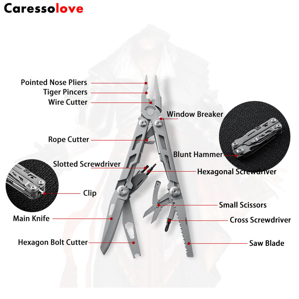 Caressolove EDC Outdoor Survival Gear Multi Tool Pliers, 14-In-1 Stainless Steel Multitool Tactical Knives For Men, Multifunctional Pincers For Camping Travel Hiking