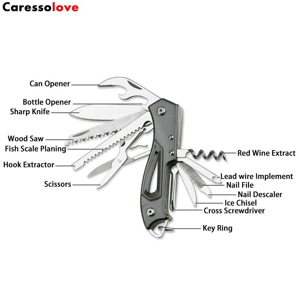 Caressolove 14-in-1 Outdoor Multi Tools Swiss Knife, Keychain Multitool Folding Knife Bottle Opener Scissors Saw, Portable Military tactical Foldable Pocket Knife For Camping Hiking