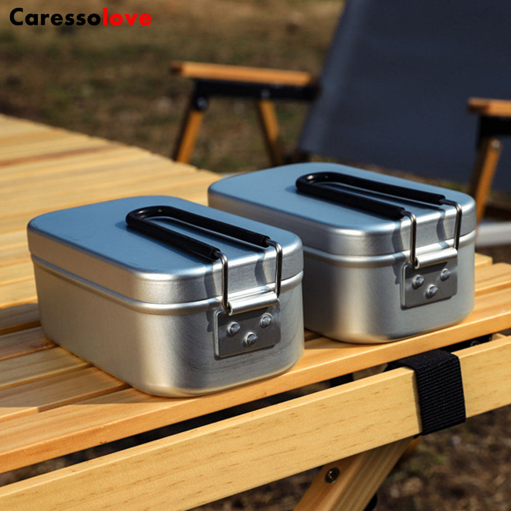 Cooking Bento Box Set, Japanese Aluminum Lunch Box Outdoor Cooking Utensils With Scale, Heatable Lunch Box with Foldable Handle, Camping Travel Cooking Food Box Bento Box 17cm x 10cm x 6.5cm (800ML)