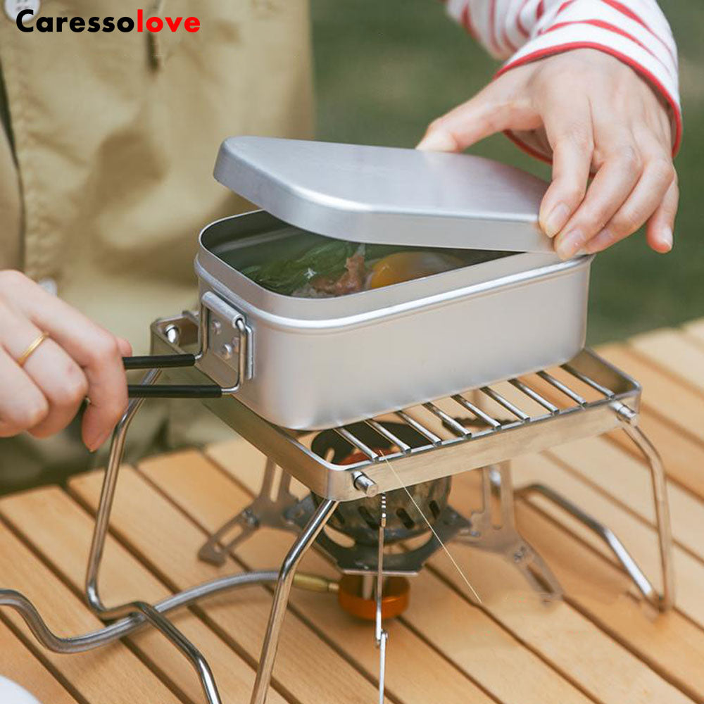 Cooking Bento Box Set, Japanese Aluminum Lunch Box Outdoor Cooking Utensils With Scale, Heatable Lunch Box with Foldable Handle, Camping Travel Cooking Food Box Bento Box 17cm x 10cm x 6.5cm (800ML)