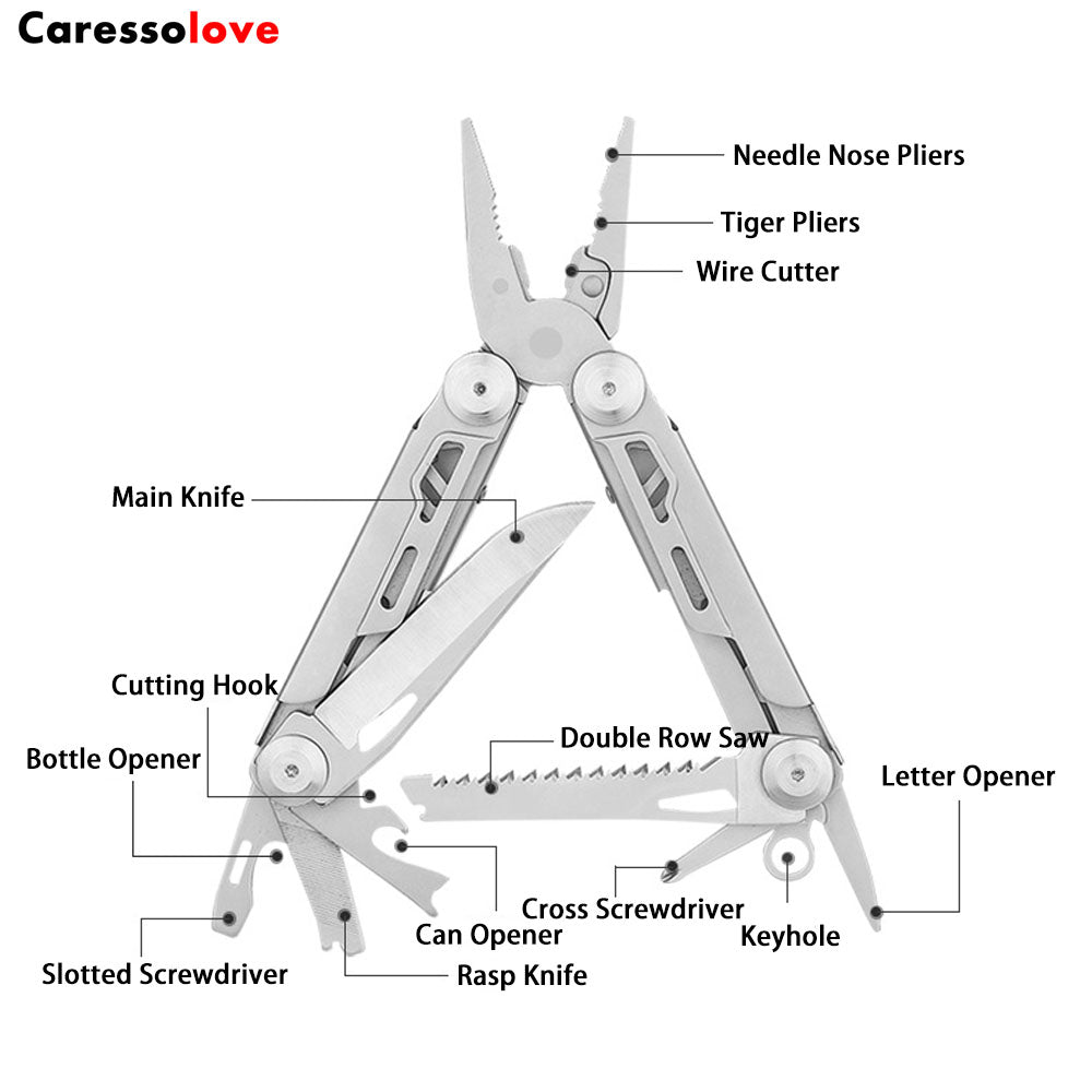 Caressolove Folding Multitool Pliers, With Survival Knife, Screwdriver, Saw, Utility Camping Gear Must Haves, Multifunctional Pocket Pliers, EDC Outdoor Hiking Multi Tool Sets For Men