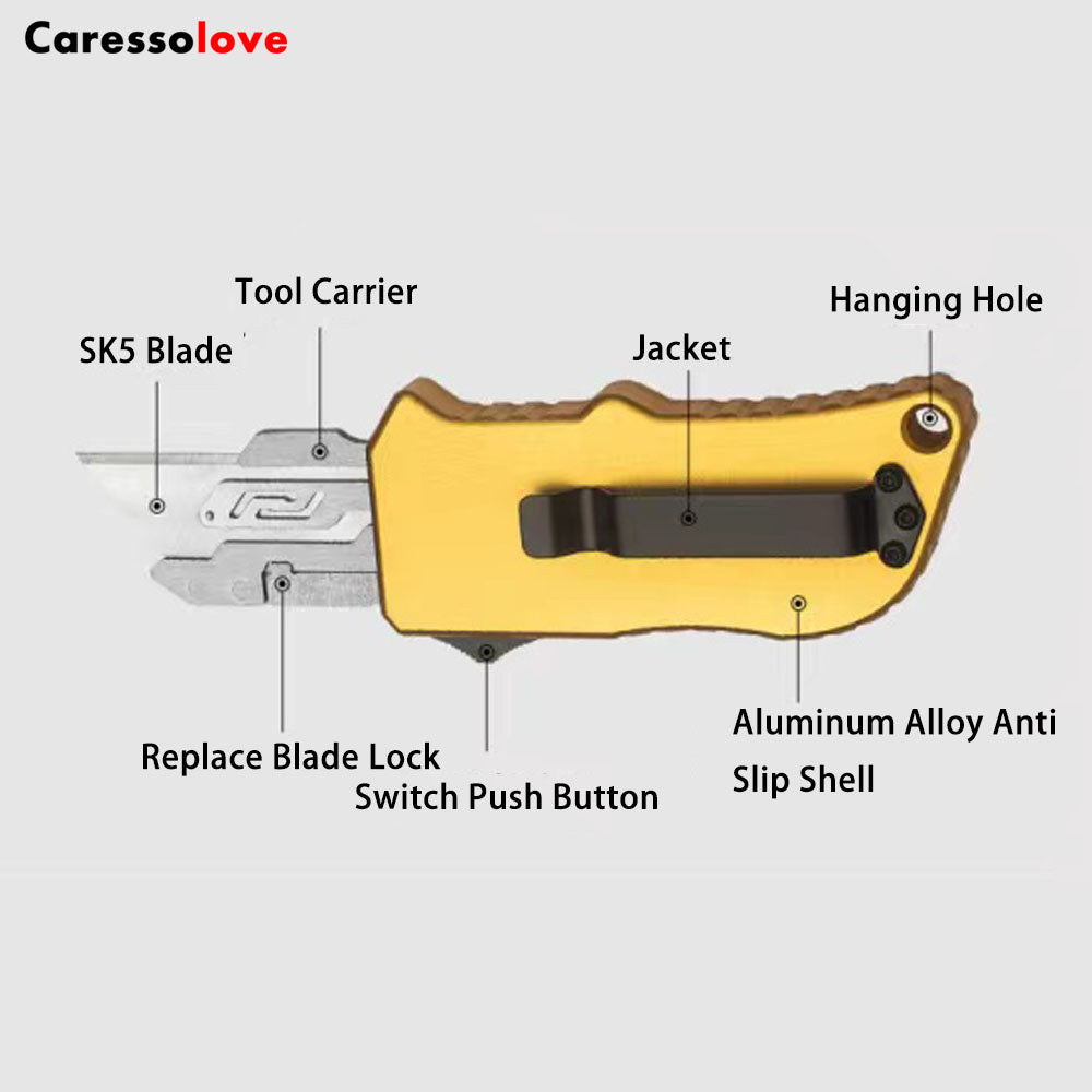 Caressolove Aluminum Alloy Box Cutter Retractable Replaceable Blade Utility Knife Portable EDC Multifunctional OTF Knife Double Action Automatic Cutting Tool