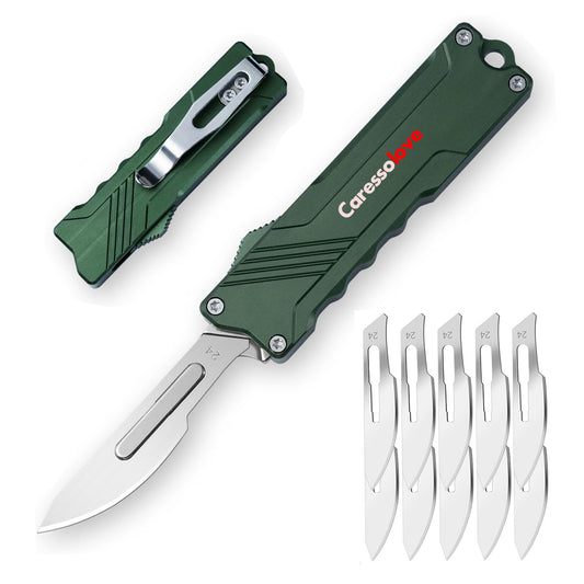 Caressolove EDC Retractable Scalpel Knife, All Metal Automatic Utility Knife Box Cutter for Cartons, Cardboard, Leather and Paper, with 10PCS #24 Blades