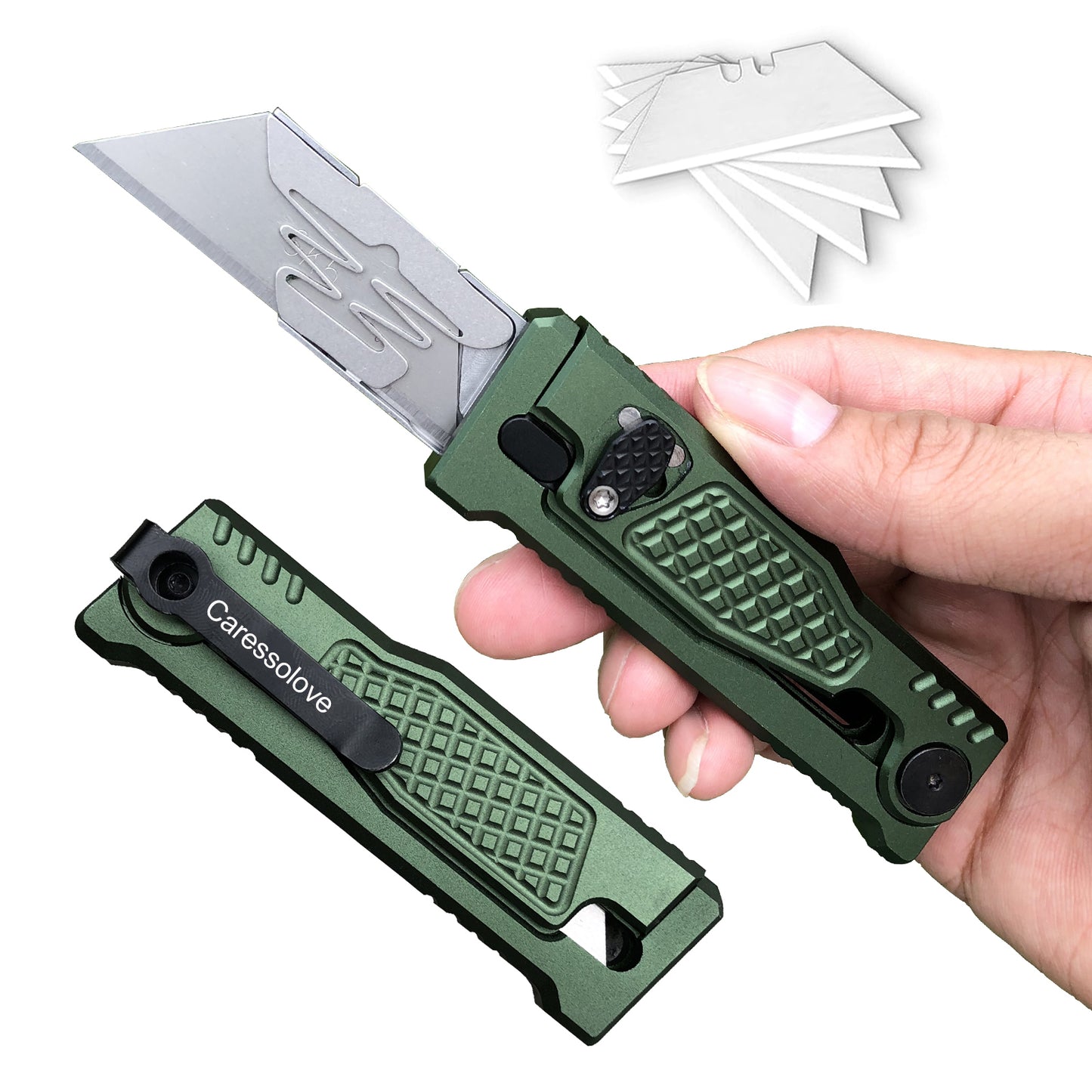 Pocket Utility Knife, Green Retractable Utility Knives, EDC Box Cutter Retractable Pocket Knife with 5PCS Razor Blades, Safty Heavy Duty Box Cutter with Clip