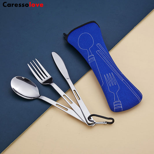 Caressolove Stainless Steel Travel Camping Cutlery Set,With Carabiner  Flatware Silverware Set Including Knife Fork Spoon