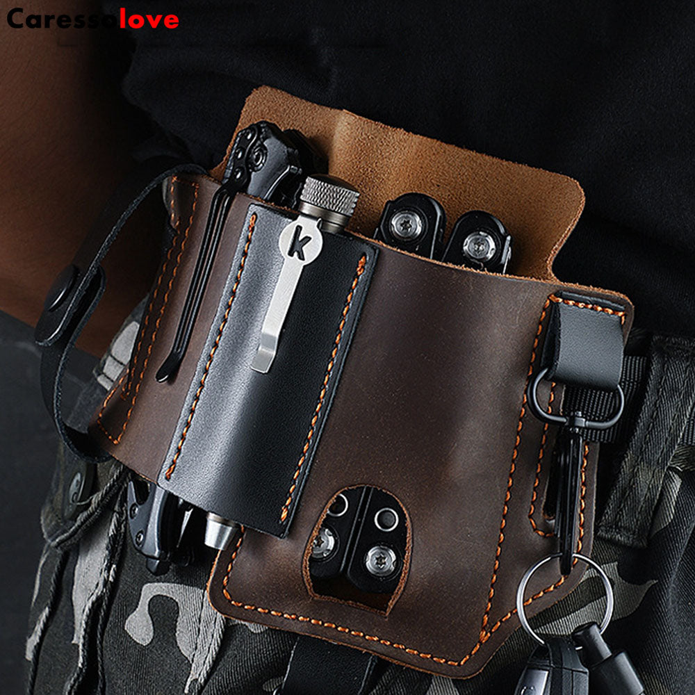 Caressolove Leather EDC Holster Multitool Sheath For Belt, Tactical Belt Accessories, Everyday Carry Retro Pocket With Keychain,