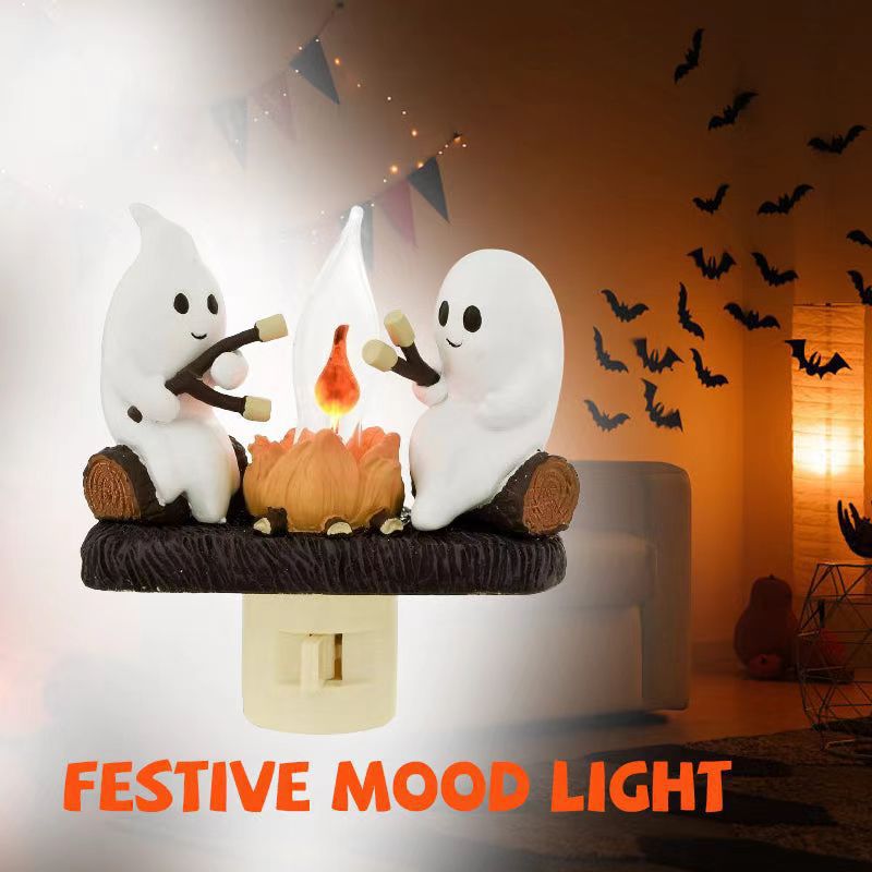 2 Ghost Campfire Night Light, Ghost Campfire Nightlight Halloween Flickering Light, Ghosts Campfire Flicker Flame Halloween Nightlight, 3D LED Campfire Ghost Marshmallows Night Light for US UK EU