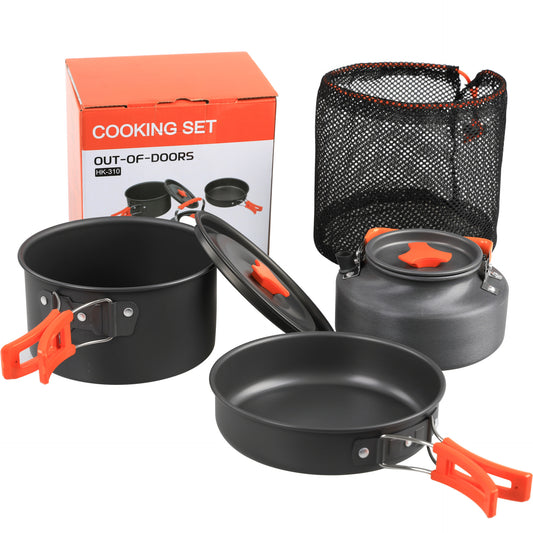 Caressolove Outdoor Camping Cookware Set With Pot Pan And Kettle, Portable Cookware Set for Picnic, Winterial Camping Cookware And Pot Set Survival Cooking Gear, Lightweight 3pcs Camping Cookware Mess Kit