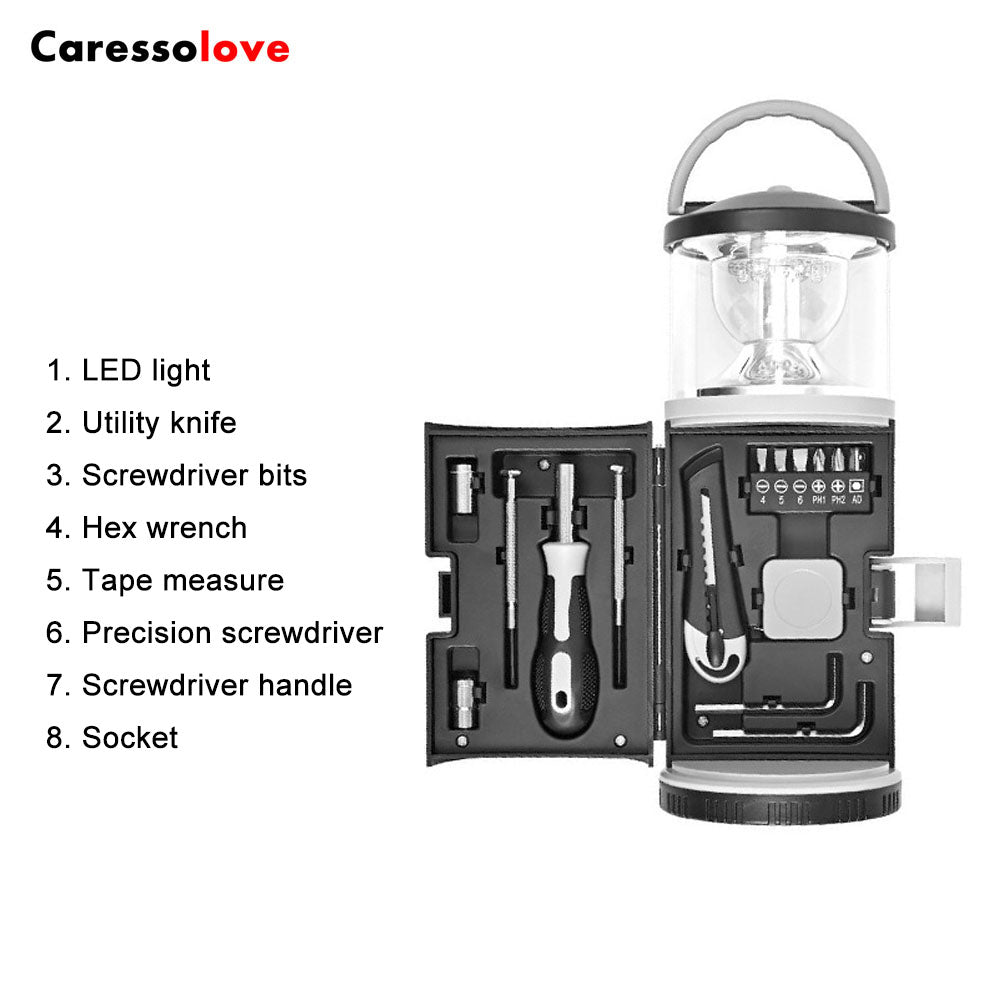 Caressolove LED Camping Light, Camping Gear Must Haves, With 15 PCS Multitool Screwdriver Set, Outdoor Emergency Lantern Portable Lamp, Multi Tools Repair Kit