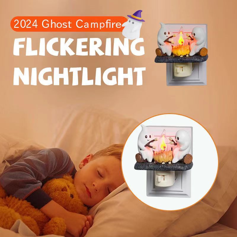 2 Ghost Campfire Night Light, Ghost Campfire Nightlight Halloween Flickering Light, Ghosts Campfire Flicker Flame Halloween Nightlight, 3D LED Campfire Ghost Marshmallows Night Light for US UK EU