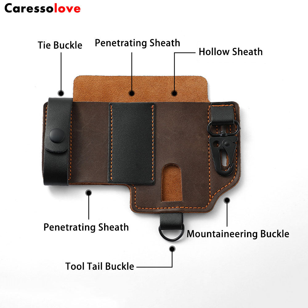 Caressolove Leather EDC Holster Multitool Sheath For Belt, Tactical Belt Accessories, Everyday Carry Retro Pocket With Keychain,