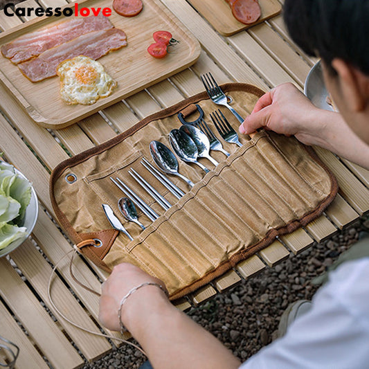 Caressolove Stainless Steel Flatware Cutlery Set With Storage Bag, 12Pcs Camping Steak Knife And Sporks Set, Outdoor Barbecue Picnic Tableware Kit, including Dinner Knife, chopsticks, Fork and Spoon