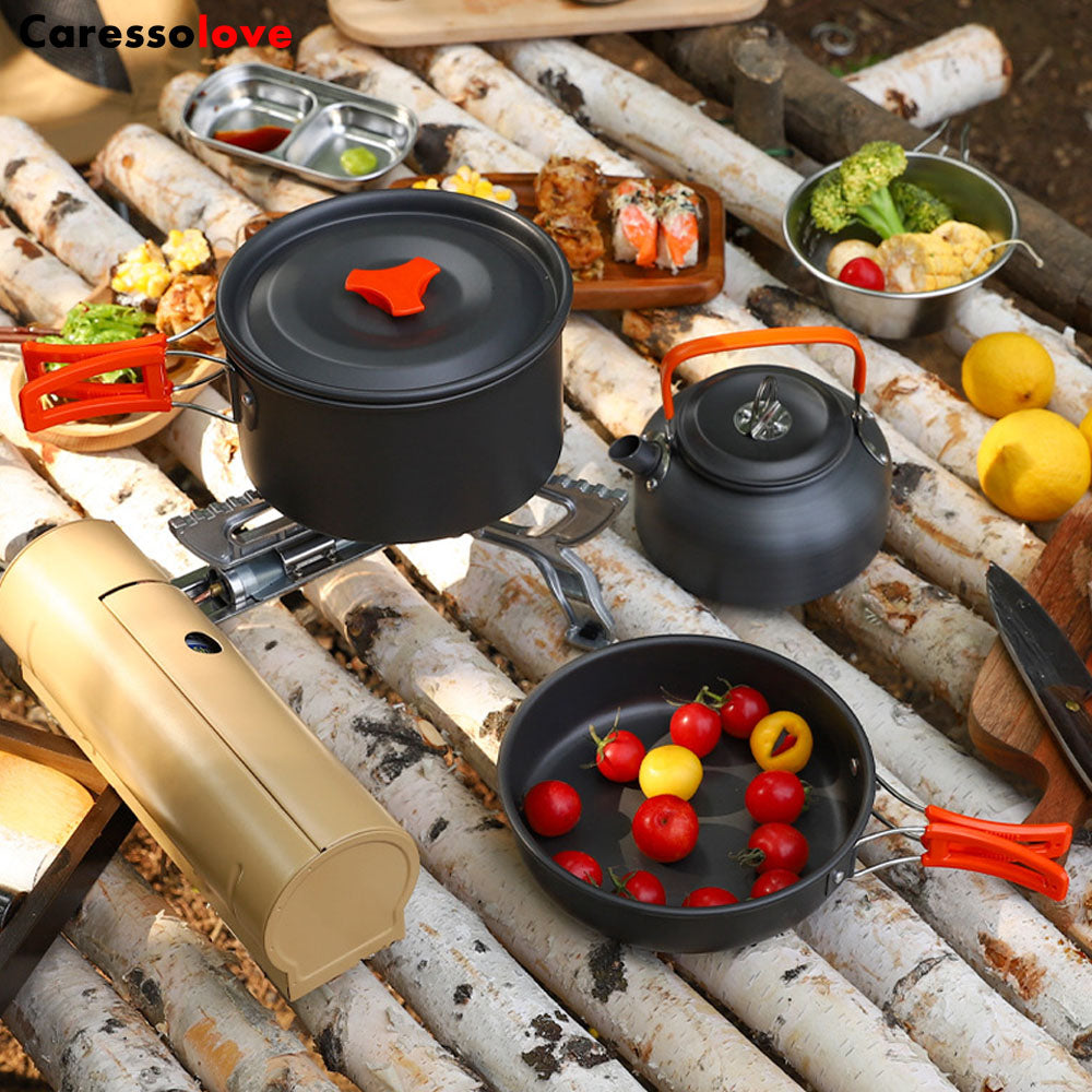 Caressolove Outdoor Camping Cookware Set With Pot Pan And Kettle, Portable Cookware Set for Picnic, Winterial Camping Cookware And Pot Set Survival Cooking Gear, Lightweight 3pcs Camping Cookware Mess Kit