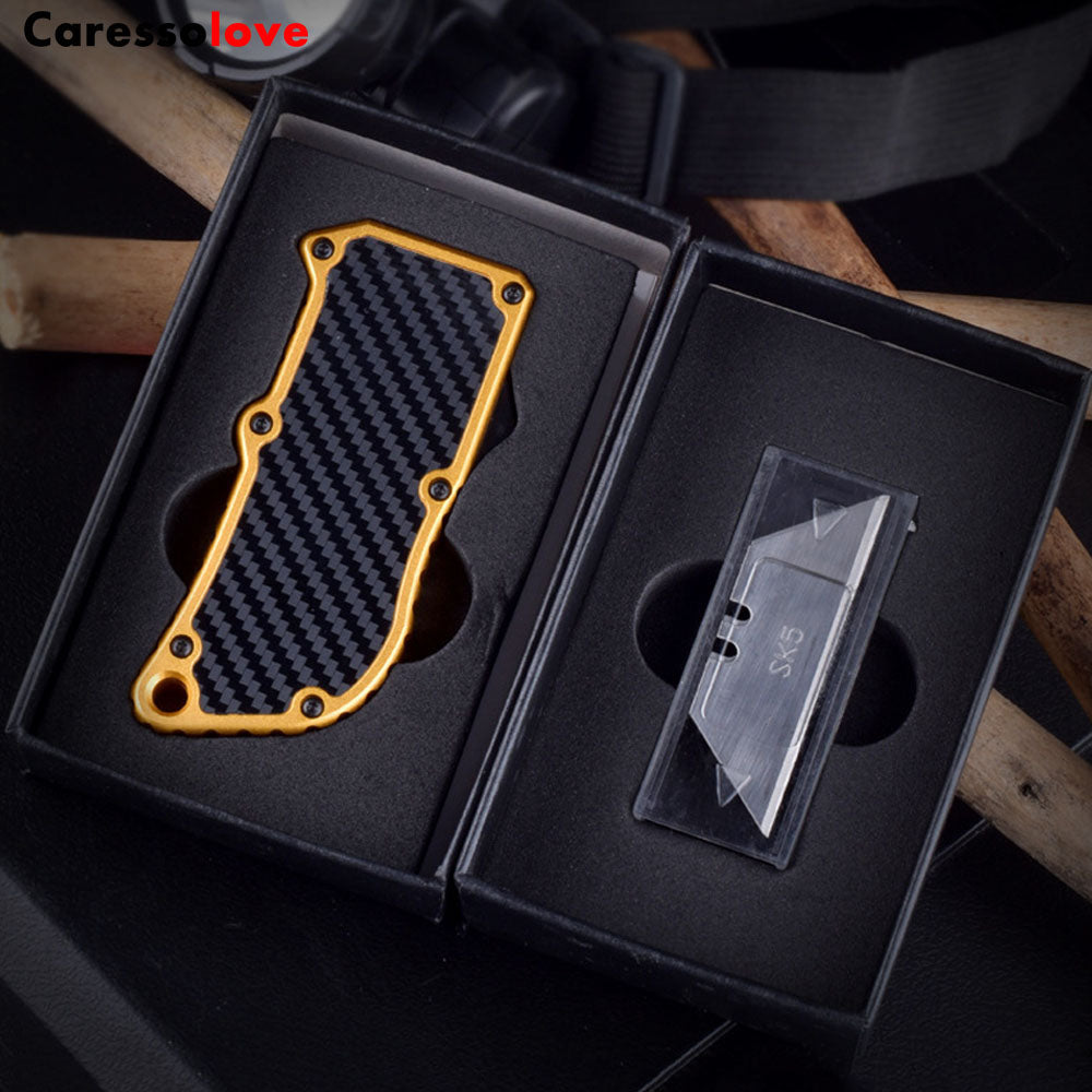 Caressolove Aluminum Alloy Box Cutter Retractable Replaceable Blade Utility Knife Portable EDC Multifunctional OTF Knife Double Action Automatic Cutting Tool