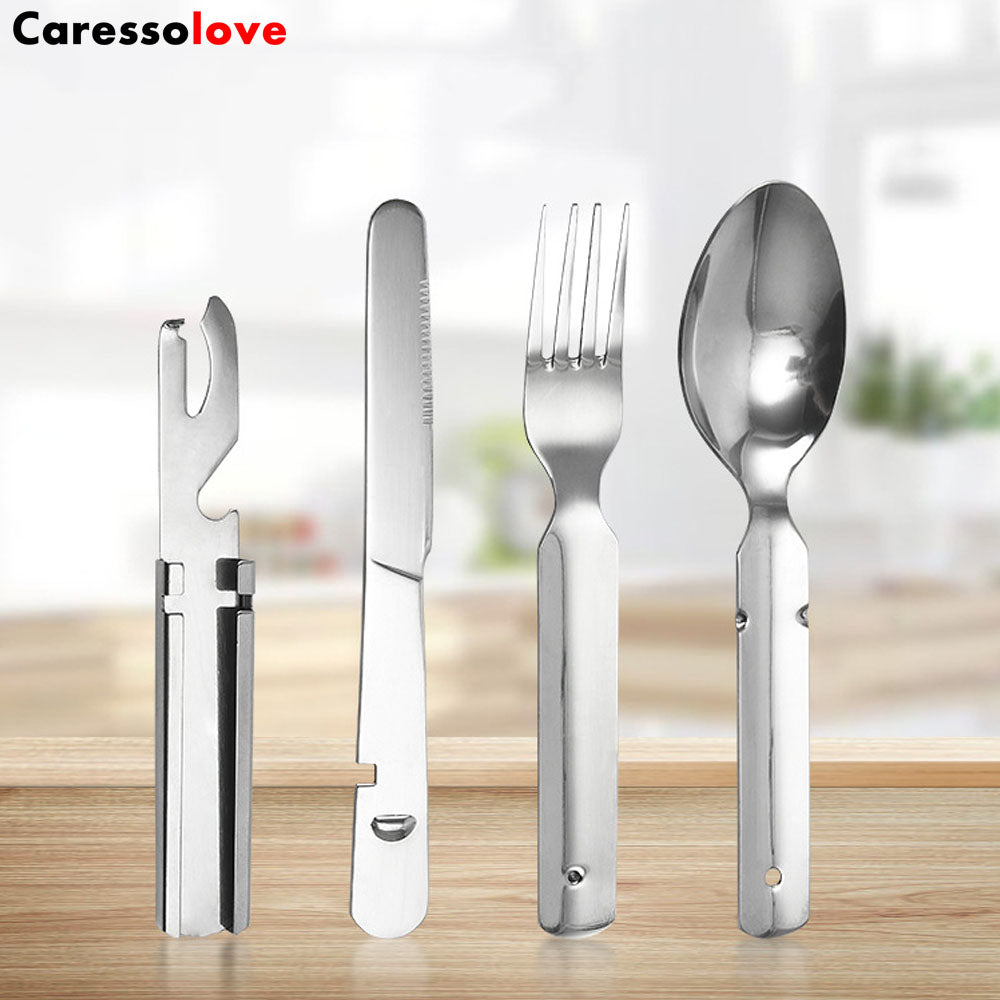 Caressolove 4-in-1 Camping Flatware Set, Portable Stainless Steel Flatware Spoon Fork, Knife and Bottle Opener Combo Pack For Picnic Travel, Barbecue, Backpack Outdoor Gear with Carrying Bag