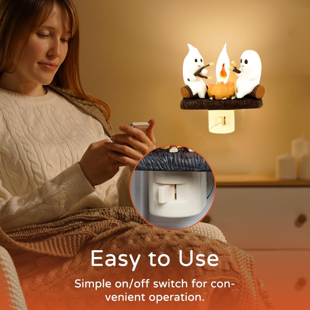 2 Ghost Campfire Night Light, Ghost Campfire Nightlight Halloween Flickering Light, Ghosts Campfire Flicker Flame Halloween Nightlight, 3D LED Campfire Ghost Marshmallows Night Light for US UK EU