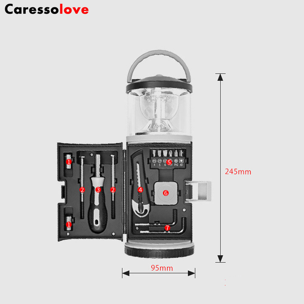 Caressolove LED Camping Light, Camping Gear Must Haves, With 15 PCS Multitool Screwdriver Set, Outdoor Emergency Lantern Portable Lamp, Multi Tools Repair Kit