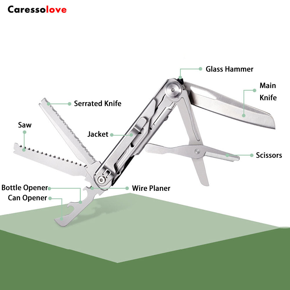 Caressolove 9-in-1 Multitool Pocket Knife With Clip, EDC Multi Tool Folding Knife for Camping Hiking Fishing, Multifunctional Outdoor Knife Saw Scissors Bottle Opener Glass Breaker, Survival Gear for Men
