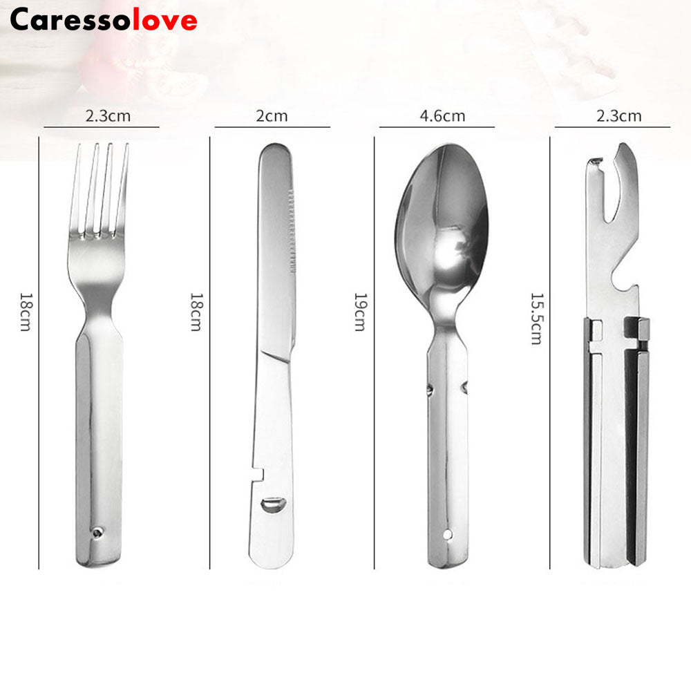 Caressolove 4-in-1 Camping Flatware Set, Portable Stainless Steel Flatware Spoon Fork, Knife and Bottle Opener Combo Pack For Picnic Travel, Barbecue, Backpack Outdoor Gear with Carrying Bag