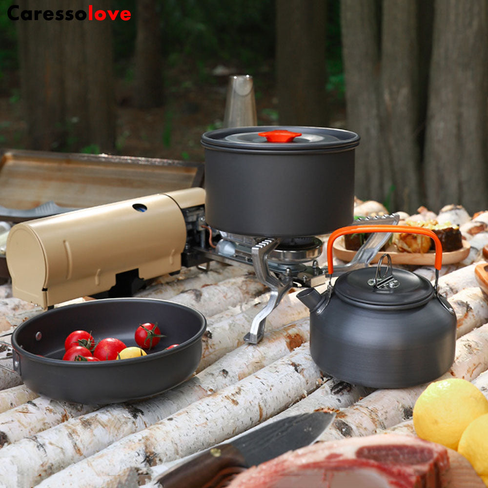 Caressolove Outdoor Camping Cookware Set With Pot Pan And Kettle, Portable Cookware Set for Picnic, Winterial Camping Cookware And Pot Set Survival Cooking Gear, Lightweight 3pcs Camping Cookware Mess Kit