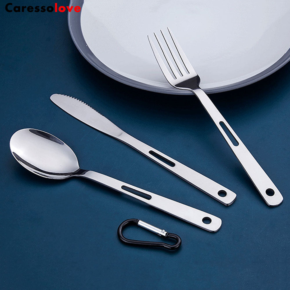 Caressolove Stainless Steel Travel Camping Cutlery Set,With Carabiner  Flatware Silverware Set Including Knife Fork Spoon