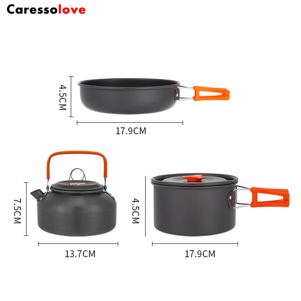 Caressolove Outdoor Camping Cookware Set With Pot Pan And Kettle, Portable Cookware Set for Picnic, Winterial Camping Cookware And Pot Set Survival Cooking Gear, Lightweight 3pcs Camping Cookware Mess Kit