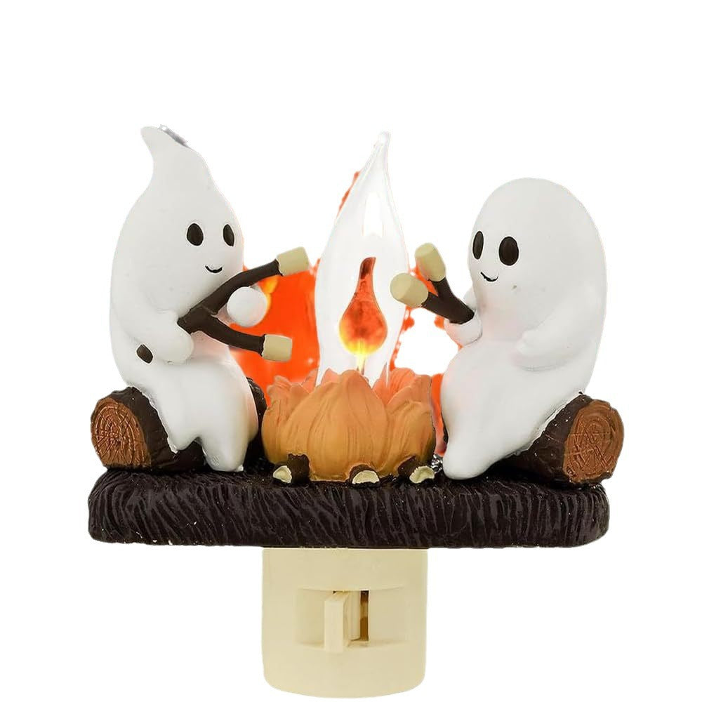 2 Ghost Campfire Night Light, Ghost Campfire Nightlight Halloween Flickering Light, Ghosts Campfire Flicker Flame Halloween Nightlight, 3D LED Campfire Ghost Marshmallows Night Light for US UK EU