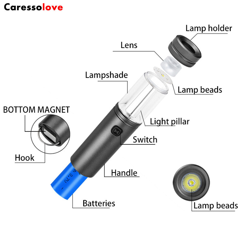 Caressolove 3-in1 Rechargeable Camping Flashlight, Small LED Flashlight 3 Modes Lantern Torch with Side Light, Waterproof Portable Flashlights for Camping Fishing, With Hook-type Tail Magnetic Attraction