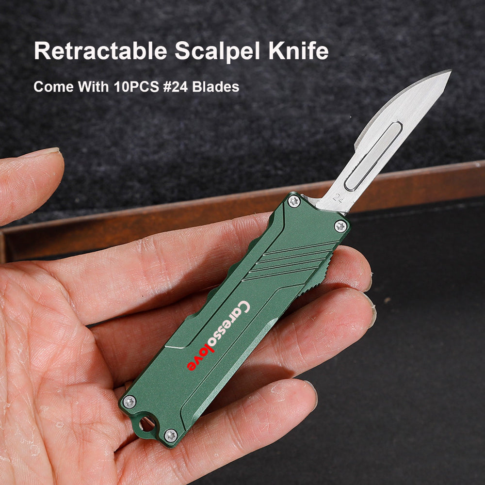 Caressolove EDC Retractable Scalpel Knife, All Metal Automatic Utility Knife Box Cutter for Cartons, Cardboard, Leather and Paper, with 10PCS #24 Blades