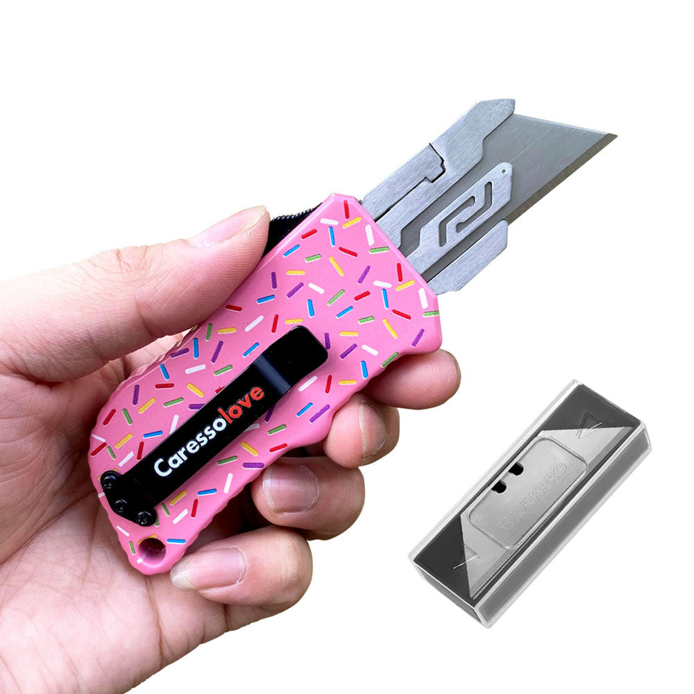 Caressolove Pink Automatic Utility Knife, Safety Heavy Duty Auto Retractable Box Cutter, Replaceable Razor Blade Knives