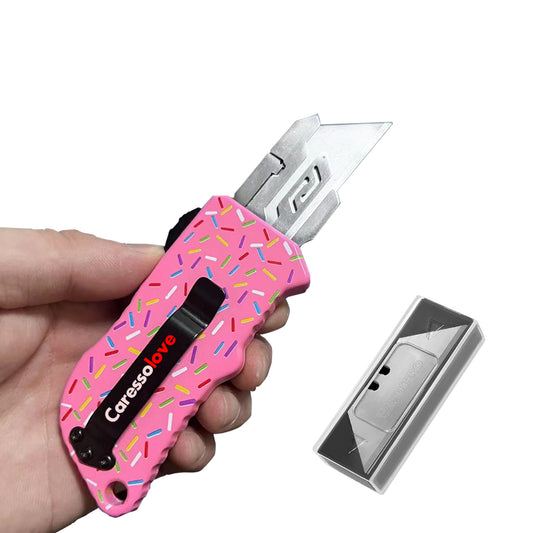 Caressolove Pink Retractable Paper Box Cutter, Best Aluminum Alloy Auto-Retractable Safety Utility Knife, Change Blade Razor Knife, Come with 5pcs SK5 Blades