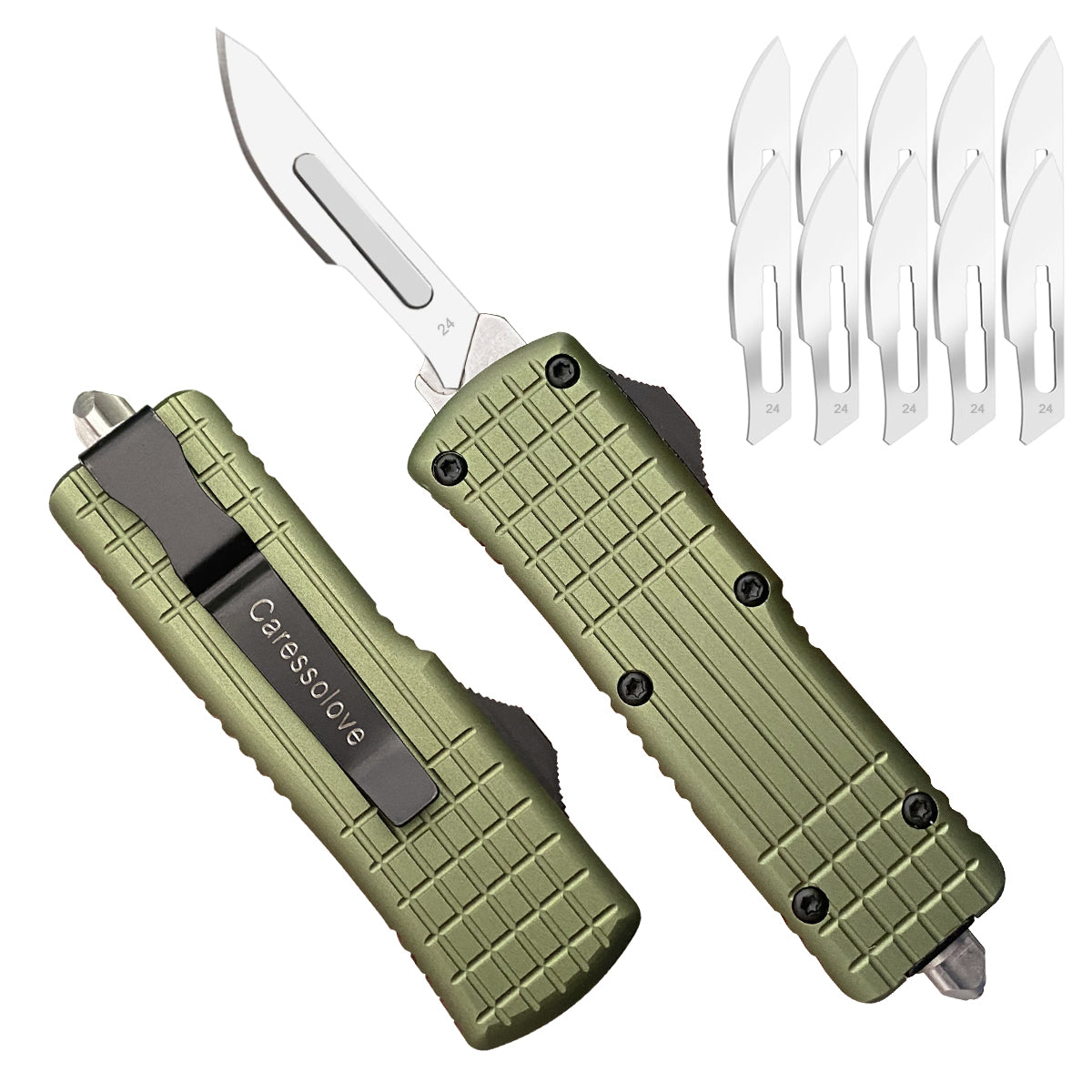 Caressolove Automatic Scalpel Knife, Safety Auto Knife Push Button, EDC Double Action Razor Blade Utility Knife, With 10pcs #24 Replaceable Blade Self Retractable Pocket Knives For Men and Women